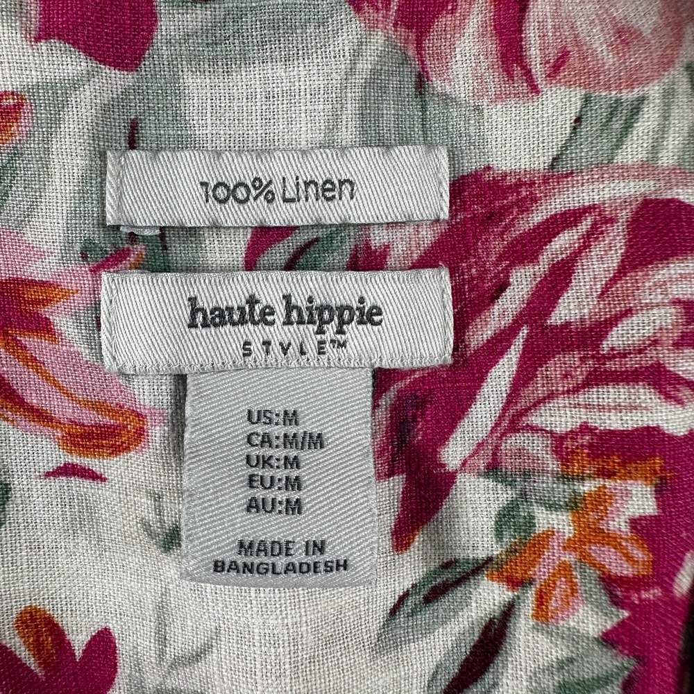 Haute Hippie Women Boho Floral 100% Linen Button-Up Blouse SL Collared Med Pink - Picture 3 of 7